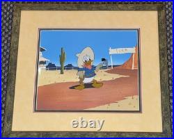 1950s LARGE DISNEY PRODUCTION CEL ON HAND PAINTED BACKGROUND DONALD DUCK COA