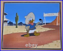1950s LARGE DISNEY PRODUCTION CEL ON HAND PAINTED BACKGROUND DONALD DUCK COA