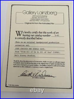 1959 Walt Disney Studios Jose Carioca Donald Duck Production Animation Cel COA