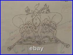 Disney Aladdin TV Production Cel & Original Drawing Jasmine Genie Iago Abu