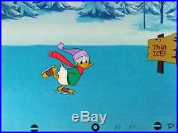 Disney Donald Duck Original production cel Ice skating on Thin Ice background