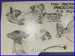 Disney Pinocchio Original Production Model Sheet-1939. Fish Sketches Mounted