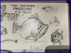 Disney Pinocchio Original Production Model Sheet-1939. Fish Sketches Mounted