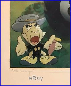 Disney Production Cel Courvoisier background Pinocchio featuring Jiminy Cricket