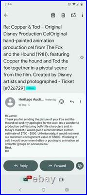 Disney The Fox and the Hound Production Cel Art with COA Cooper & Tod Appraised