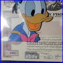 Donald Duck Animation Cel Over Walt Disney Productions Stock Certificate Framed
