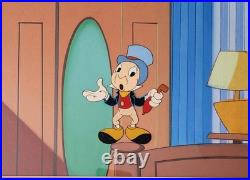 JIMINY CRICKET DISNEY 1970'S ANIMATION PRODUCTION CEL WithPRODUCTION BACKGROUND