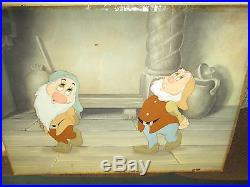 Snow White Happy and Bashful on Production background 1937 animation cel
